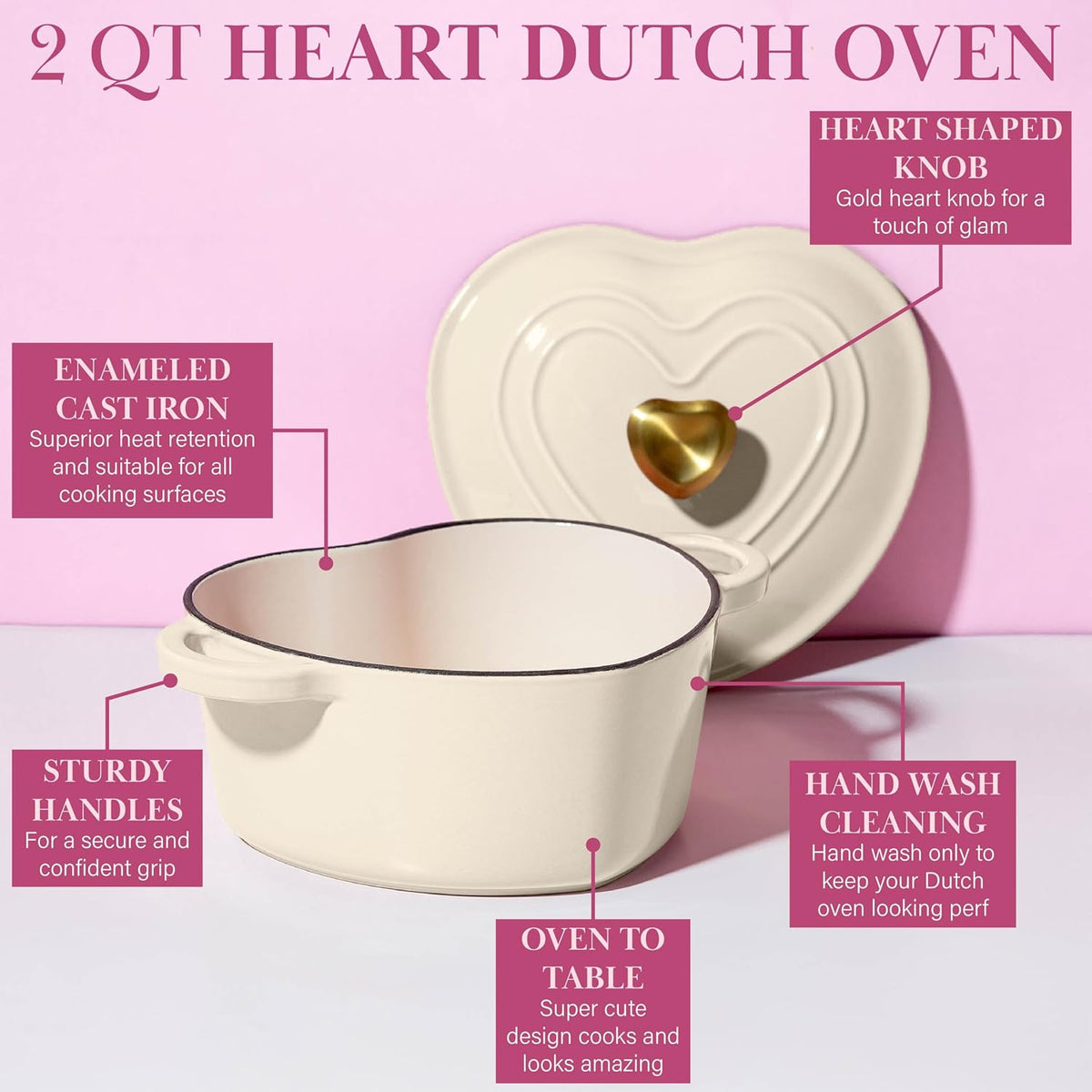 Enameled Cast Iron Dutch Oven Pot with Lid, Heart-Shaped Dutch Oven, Durable Cast Iron Pot with Dual Handles, Oven Safe to 500°F, Works on All Stovetops, 2-Quart, Cream