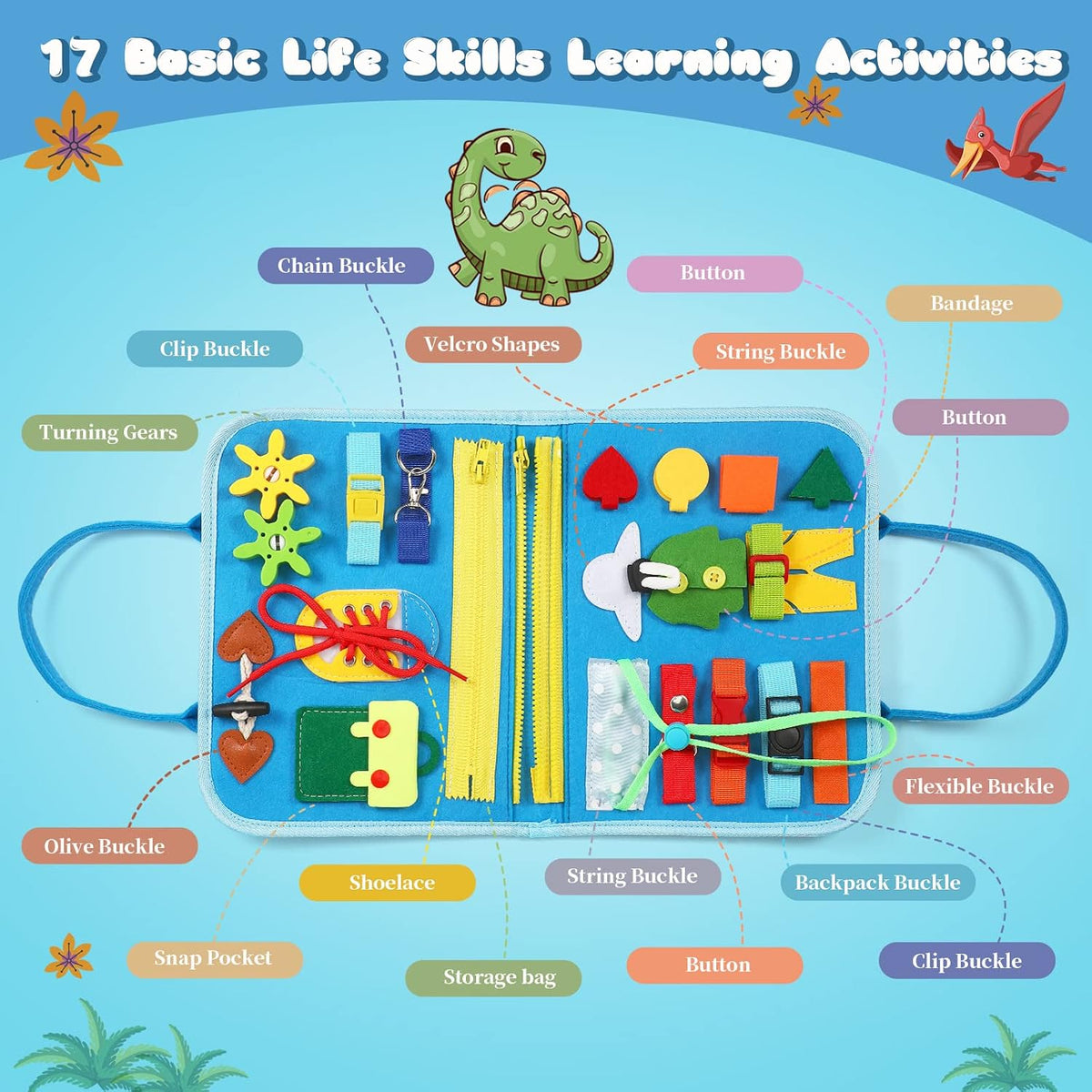 Busy Board Montessori Toys - Sensory Busy Book for Early Learning, Dinosaur Educational Activity for Fine Motor Skills, Airplane Car Travel Toy Gifts for Boys Girls
