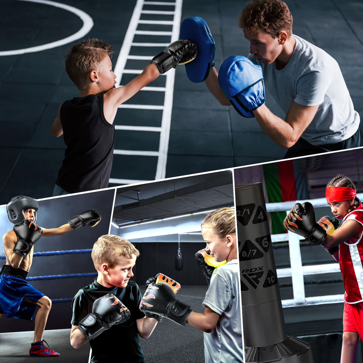 Upgrade Boxing Gloves for Kids, MMA Gloves with Boxing Hands Wraps, 6Oz & PU Fire Flame Printed Youth Training Gloves for 4-12 Years Old, Gloves for Kid’S Training, Sparing & Idea Gift, Black