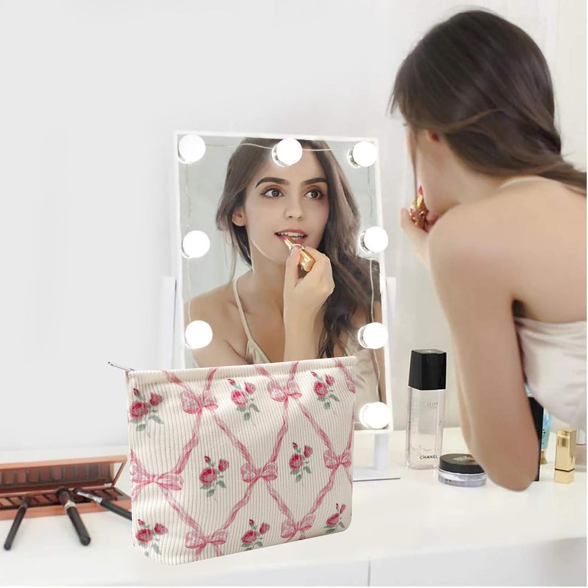 Cosmetic Bags for Women - Corduroy Cosmetic Bag Aesthetic Women Handbags Purses Smile Dots Makeup Organizer Storage Makeup Bag Girls Case Bags (Flowers-Pink Strawberry)