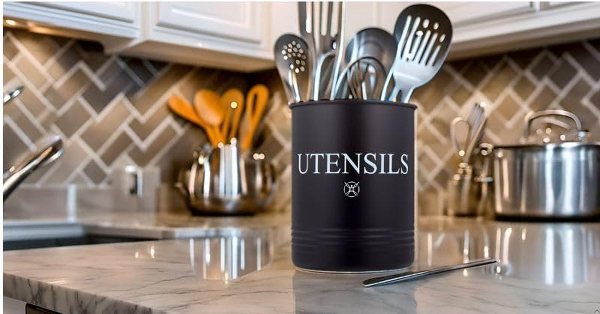 Large Black Kitchen Utensil Holder - Stainless Steel Cooking Utensil Crock & Countertop Organizer, Extra Large Metal Spatula Holder for Countertop Decor