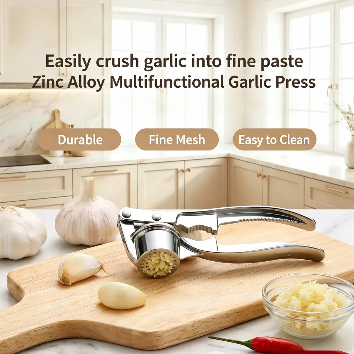 Multifunctional Garlic Press, with the Functions of Opening Bottles, Crushing Walnuts and Serving as a Kitchen Grinder