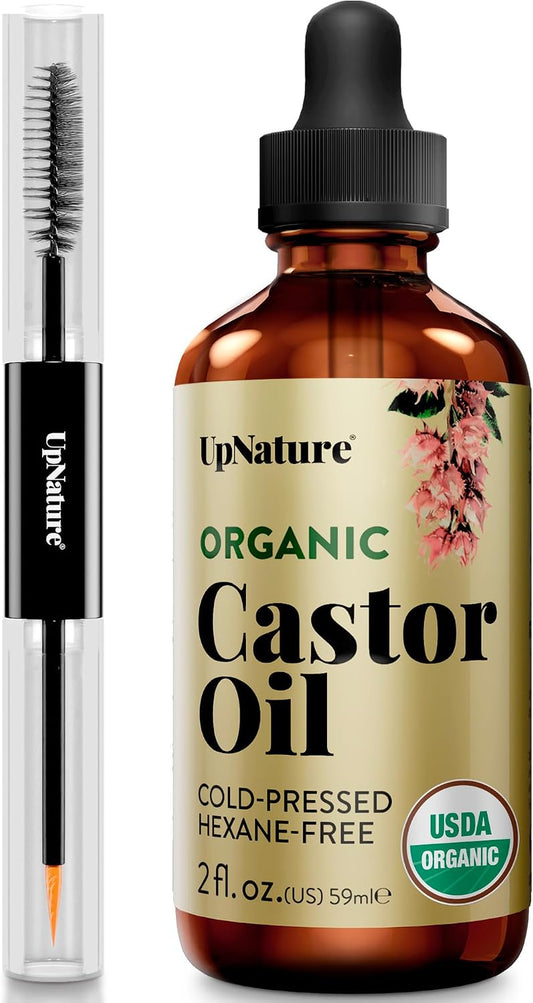 Castor Oil Eyelash & Eyebrow Growth Serum, USDA Organic, 2Oz | Includes Mascara Wand & Brow Brush Applicators - Pure Cold-Pressed Castor Oil for Lashes, Eyebrows & Hair Growth