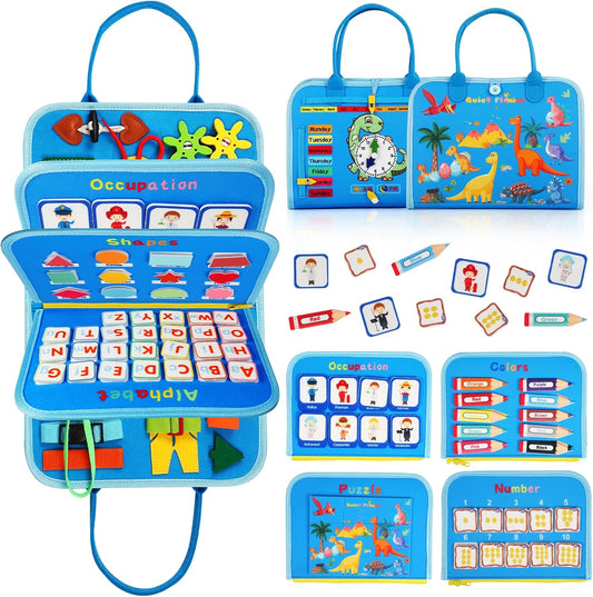 Busy Board Montessori Toys - Sensory Busy Book for Early Learning, Dinosaur Educational Activity for Fine Motor Skills, Airplane Car Travel Toy Gifts for Boys Girls