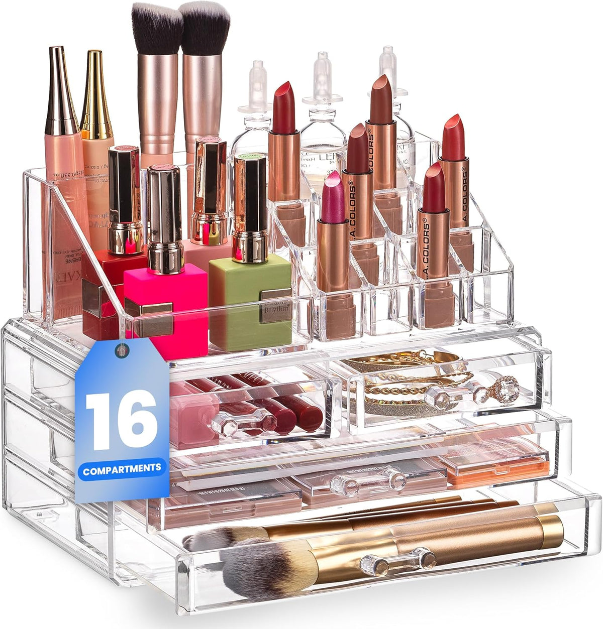 Clear Makeup Organizer with 4 Drawers 16 Compartments, Countertop | 16-Compartment Clear Acrylic Makeup Organizer, 4 Drawers, Cosmetic Jewelry Perfume Skincare Storage, Vanity Countertop