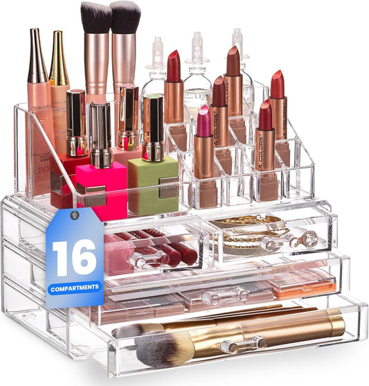 Clear Makeup Organizer with 4 Drawers 16 Compartments, Countertop | 16-Compartment Clear Acrylic Makeup Organizer, 4 Drawers, Cosmetic Jewelry Perfume Skincare Storage, Vanity Countertop
