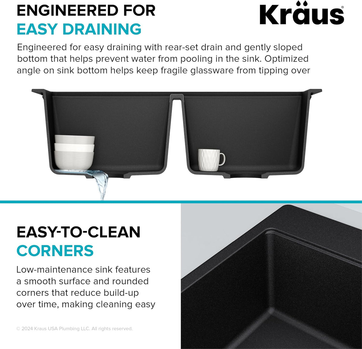 KRAUS Black Onyx 33 in Double Bowl Granite Kitchen Sink KGD-433B | Quartz Composite with Metallic Particles, Heat-Safe, Non-Porous Surface Resists Stains, 50/50 Double Bowl Split