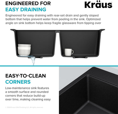 KRAUS Black Onyx 33 in Double Bowl Granite Kitchen Sink KGD-433B | Quartz Composite with Metallic Particles, Heat-Safe, Non-Porous Surface Resists Stains, 50/50 Double Bowl Split