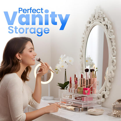 Clear Makeup Organizer with 4 Drawers 16 Compartments, Countertop | 16-Compartment Clear Acrylic Makeup Organizer, 4 Drawers, Cosmetic Jewelry Perfume Skincare Storage, Vanity Countertop