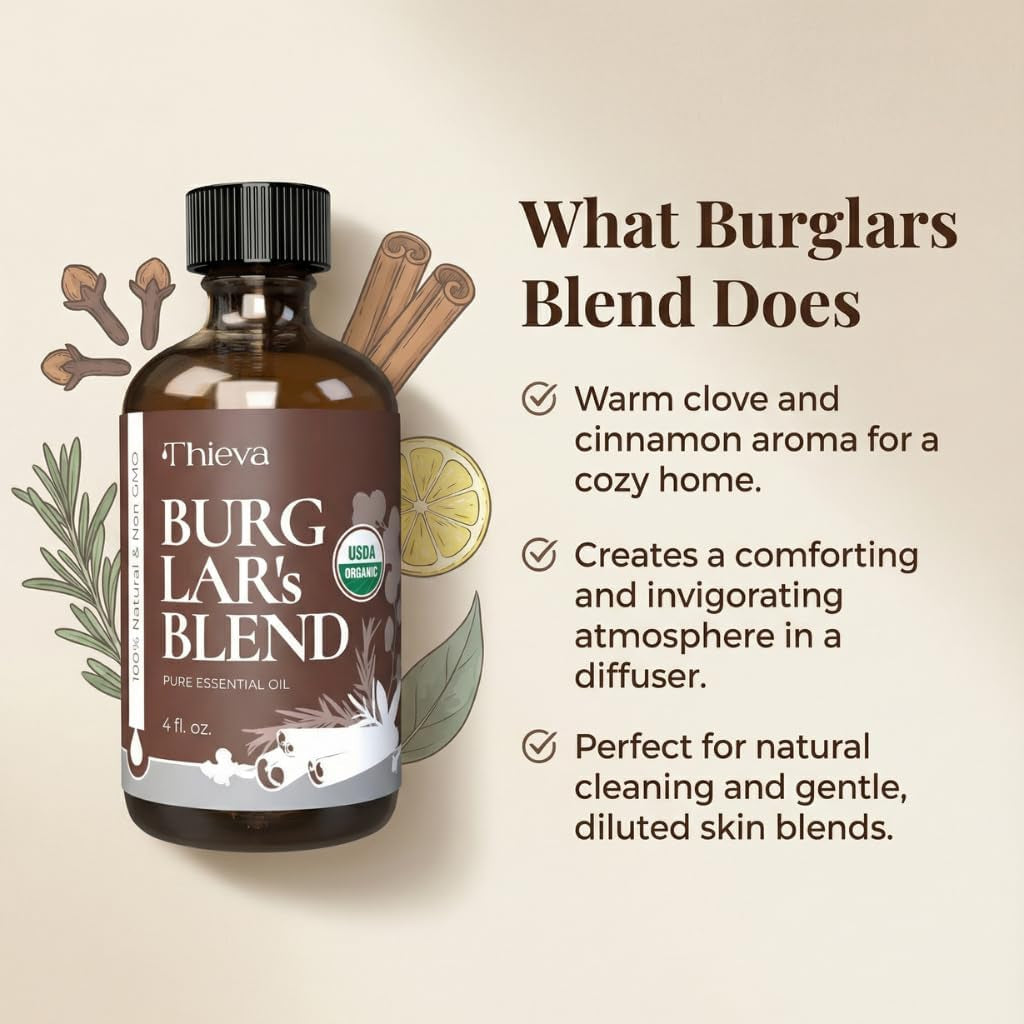 Burglar'S Blend Essential Oil, USDA Organic, 4 Oz | Pure Undiluted Clove, Cinnamon, Eucalyptus, Rosemary and Lemon Blend for DIY Cleaning, Diffusers and Seasonal Home Wellness