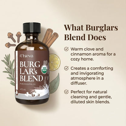 Burglar'S Blend Essential Oil, USDA Organic, 4 Oz | Pure Undiluted Clove, Cinnamon, Eucalyptus, Rosemary and Lemon Blend for DIY Cleaning, Diffusers and Seasonal Home Wellness
