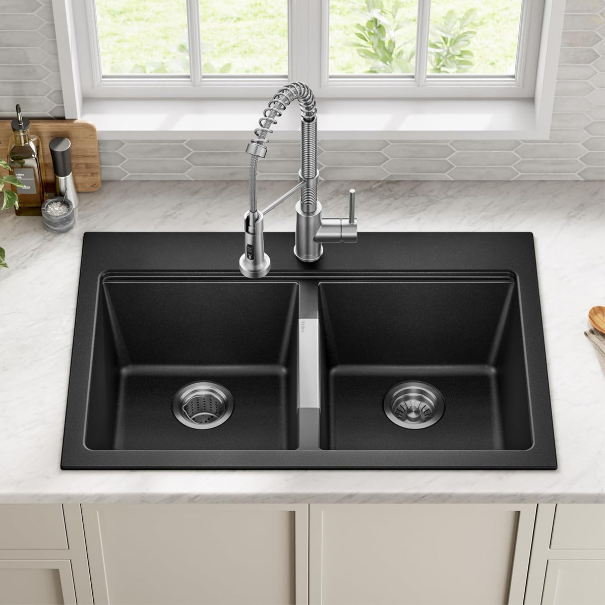 KRAUS Black Onyx 33 in Double Bowl Granite Kitchen Sink KGD-433B | Quartz Composite with Metallic Particles, Heat-Safe, Non-Porous Surface Resists Stains, 50/50 Double Bowl Split