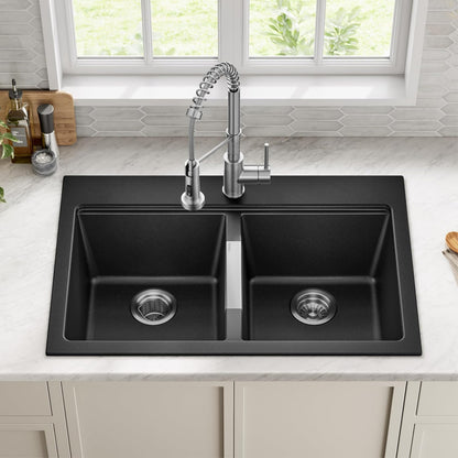 KRAUS Black Onyx 33 in Double Bowl Granite Kitchen Sink KGD-433B | Quartz Composite with Metallic Particles, Heat-Safe, Non-Porous Surface Resists Stains, 50/50 Double Bowl Split