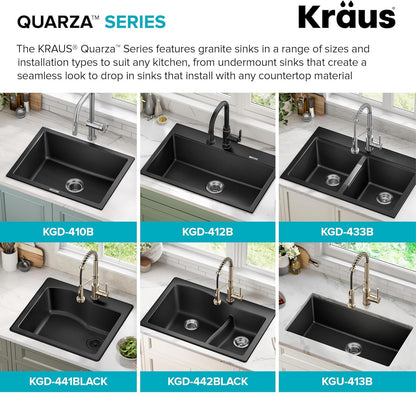 KRAUS Black Onyx 33 in Double Bowl Granite Kitchen Sink KGD-433B | Quartz Composite with Metallic Particles, Heat-Safe, Non-Porous Surface Resists Stains, 50/50 Double Bowl Split