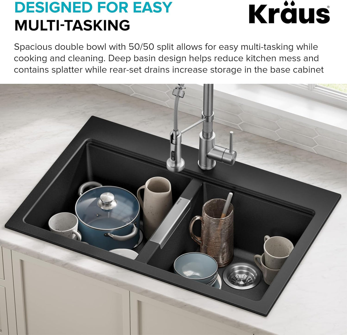 KRAUS Black Onyx 33 in Double Bowl Granite Kitchen Sink KGD-433B | Quartz Composite with Metallic Particles, Heat-Safe, Non-Porous Surface Resists Stains, 50/50 Double Bowl Split
