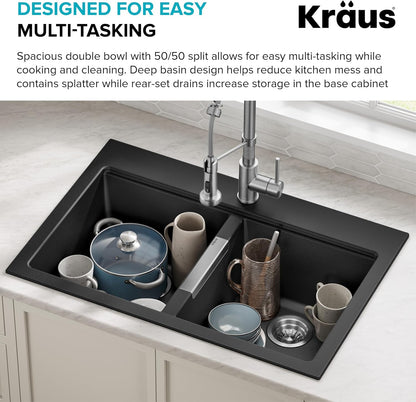KRAUS Black Onyx 33 in Double Bowl Granite Kitchen Sink KGD-433B | Quartz Composite with Metallic Particles, Heat-Safe, Non-Porous Surface Resists Stains, 50/50 Double Bowl Split
