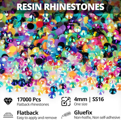 17000Pcs 4Mm Rainbow Jelly Colorful Rhinestones Gems Bedazzling Bedazze Kit, Gemstones Jewels Flatback Crystal Diamond SS16 Resin Bedazzler for Crafts Clothes Crafting Book, Bedazzled Bling B7000 Glue