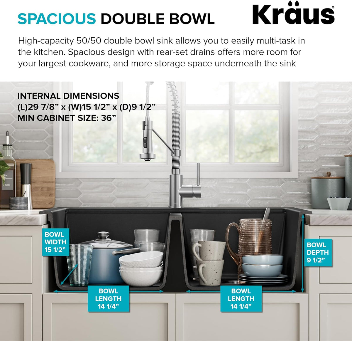 KRAUS Black Onyx 33 in Double Bowl Granite Kitchen Sink KGD-433B | Quartz Composite with Metallic Particles, Heat-Safe, Non-Porous Surface Resists Stains, 50/50 Double Bowl Split