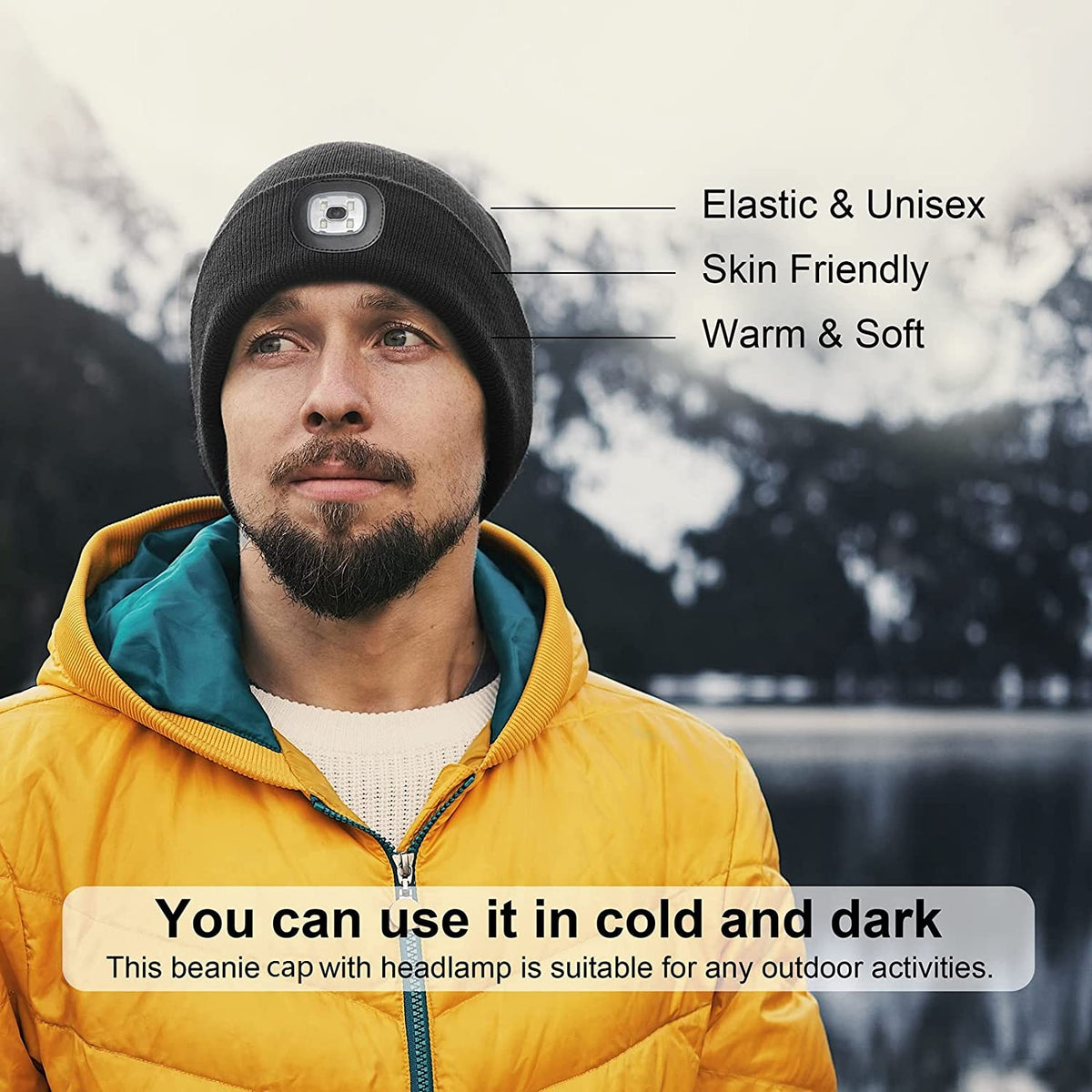 LED Lighted Beanie, Unisex Warm Knitted Hat, Rechargeable Headlamp Cap for Outdoors, Tech Gift for Men Dad Father Him Deep Teal