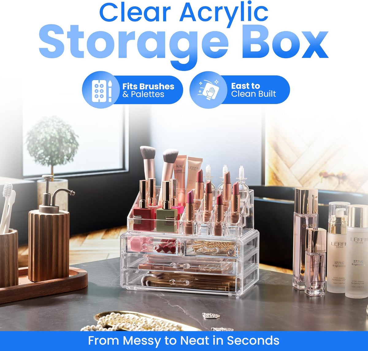 Clear Makeup Organizer with 4 Drawers 16 Compartments, Countertop | 16-Compartment Clear Acrylic Makeup Organizer, 4 Drawers, Cosmetic Jewelry Perfume Skincare Storage, Vanity Countertop