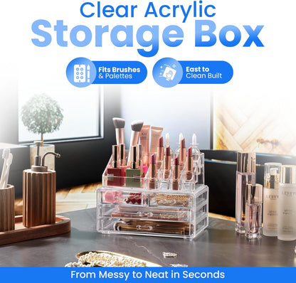 Clear Makeup Organizer with 4 Drawers 16 Compartments, Countertop | 16-Compartment Clear Acrylic Makeup Organizer, 4 Drawers, Cosmetic Jewelry Perfume Skincare Storage, Vanity Countertop
