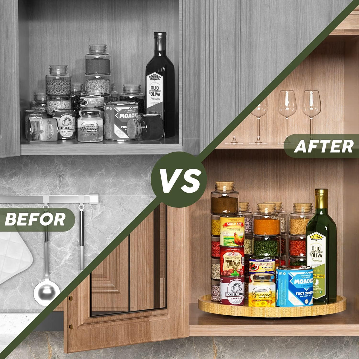 Lazy Susan Organizer, 13.2 Inch Non-Skid Bamboo Turntable | Kitchen Table Cabinets Closets and Kitchen Islands, Wood Turntable for Kitchen Countertop Organizer