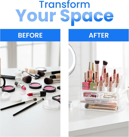 Clear Makeup Organizer with 4 Drawers 16 Compartments, Countertop | 16-Compartment Clear Acrylic Makeup Organizer, 4 Drawers, Cosmetic Jewelry Perfume Skincare Storage, Vanity Countertop