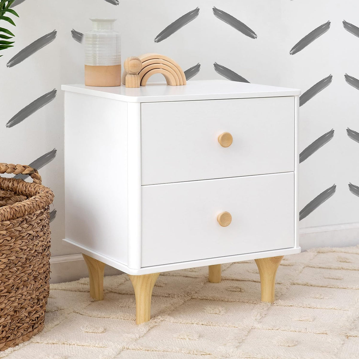 Babyletto Lolly 2-Drawer Nightstand with USB Charging Port, White and Natural