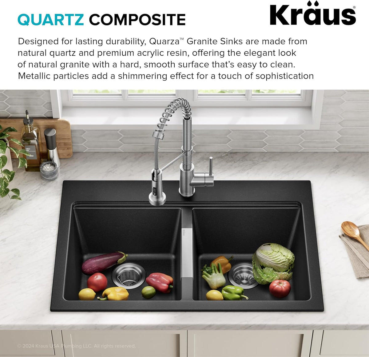 KRAUS Black Onyx 33 in Double Bowl Granite Kitchen Sink KGD-433B | Quartz Composite with Metallic Particles, Heat-Safe, Non-Porous Surface Resists Stains, 50/50 Double Bowl Split