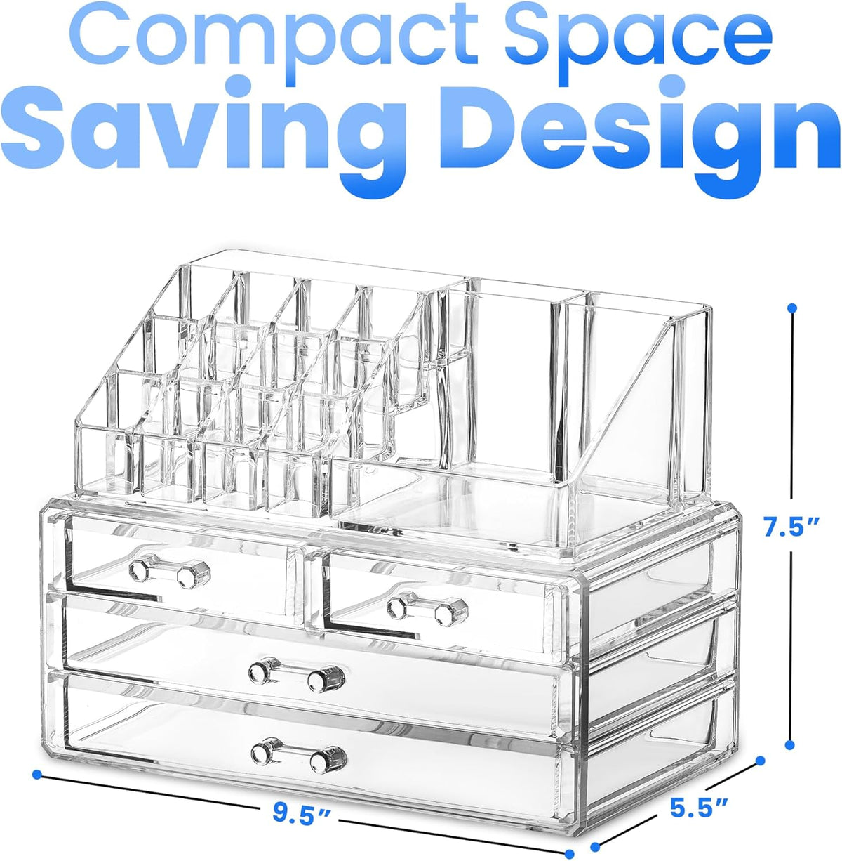 Clear Makeup Organizer with 4 Drawers 16 Compartments, Countertop | 16-Compartment Clear Acrylic Makeup Organizer, 4 Drawers, Cosmetic Jewelry Perfume Skincare Storage, Vanity Countertop