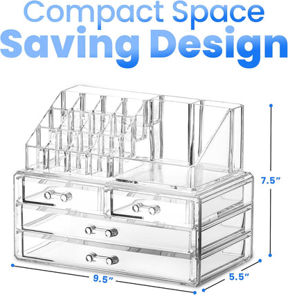 Clear Makeup Organizer with 4 Drawers 16 Compartments, Countertop | 16-Compartment Clear Acrylic Makeup Organizer, 4 Drawers, Cosmetic Jewelry Perfume Skincare Storage, Vanity Countertop