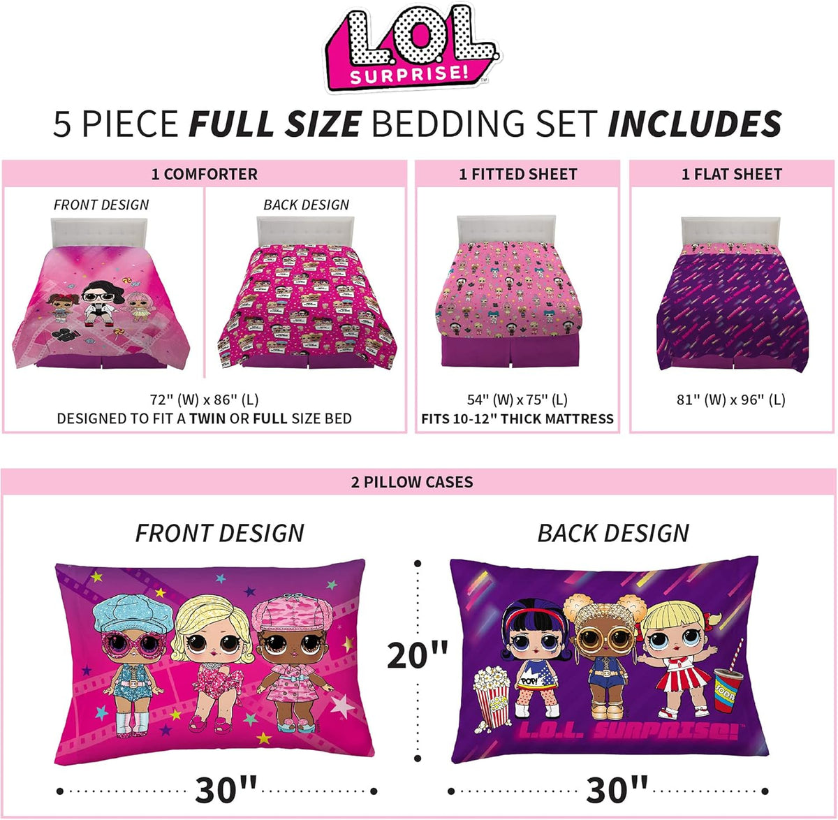 Kids Bedding Super Soft Comforter and Sheet Set, 5 Piece Full Size, LOL Surprise