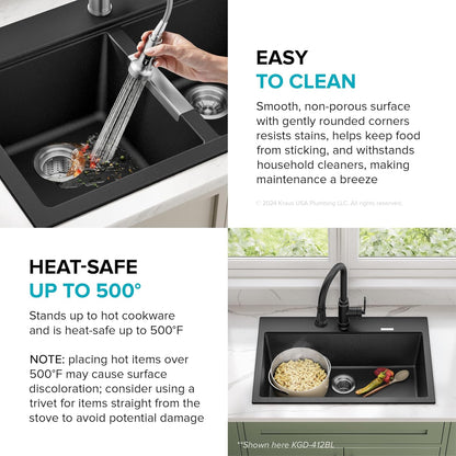 KRAUS Black Onyx 33 in Double Bowl Granite Kitchen Sink KGD-433B | Quartz Composite with Metallic Particles, Heat-Safe, Non-Porous Surface Resists Stains, 50/50 Double Bowl Split