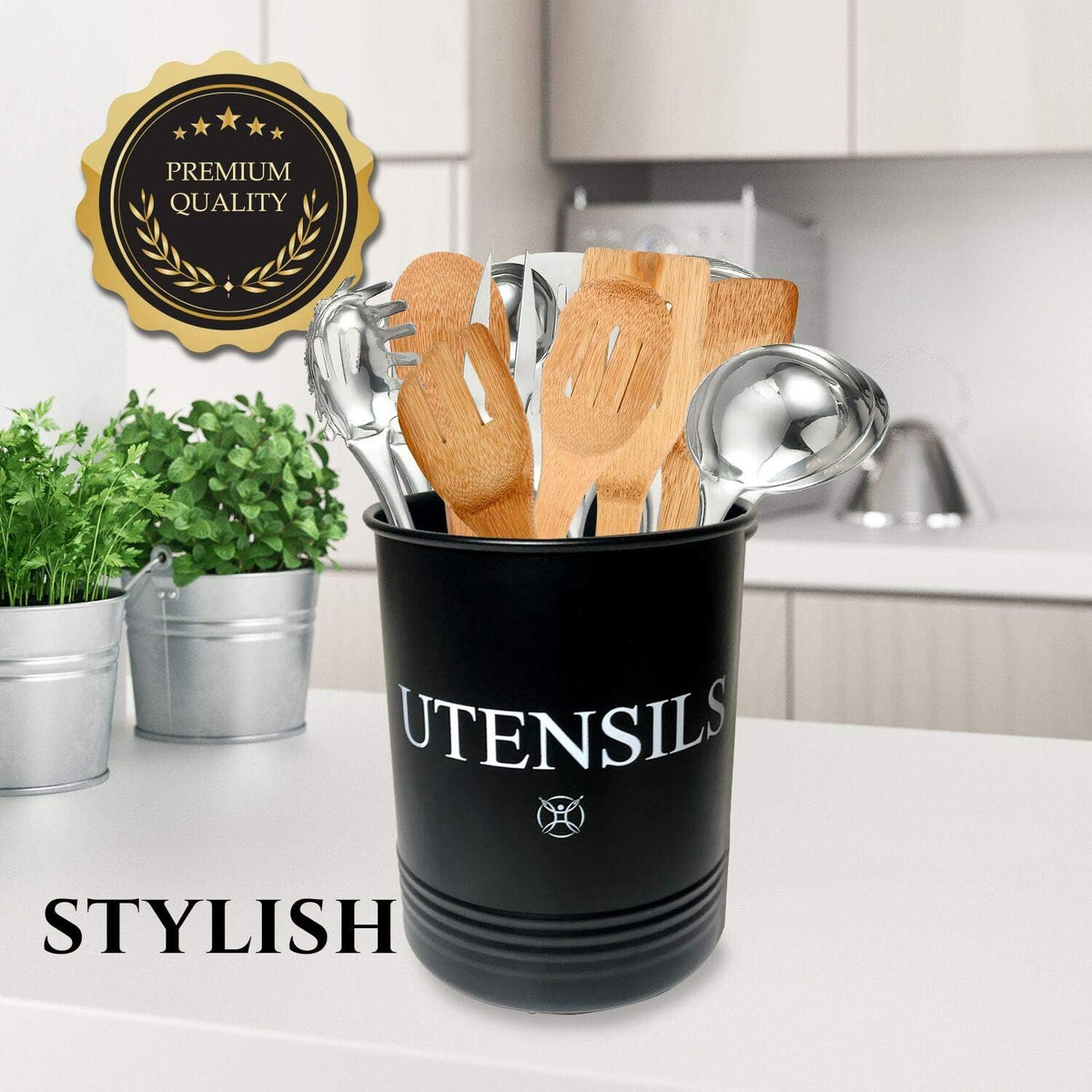 Large Black Kitchen Utensil Holder - Stainless Steel Cooking Utensil Crock & Countertop Organizer, Extra Large Metal Spatula Holder for Countertop Decor