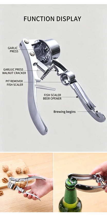 Multifunctional Garlic Press, with the Functions of Opening Bottles, Crushing Walnuts and Serving as a Kitchen Grinder