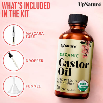 Castor Oil Eyelash & Eyebrow Growth Serum, USDA Organic, 2Oz | Includes Mascara Wand & Brow Brush Applicators - Pure Cold-Pressed Castor Oil for Lashes, Eyebrows & Hair Growth