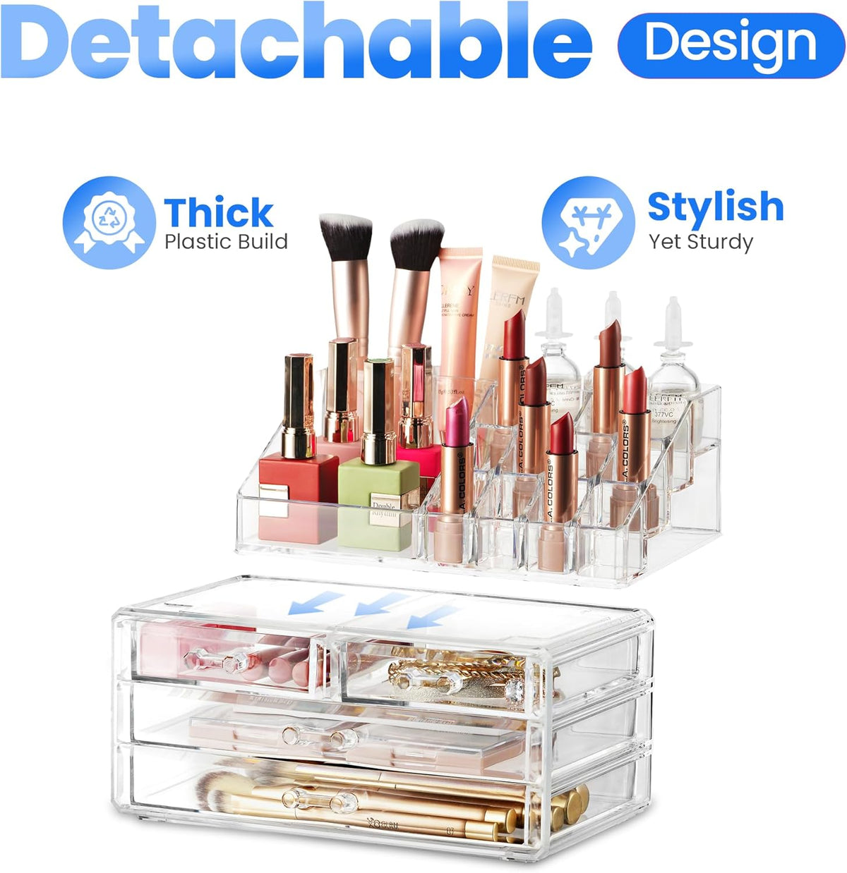 Clear Makeup Organizer with 4 Drawers 16 Compartments, Countertop | 16-Compartment Clear Acrylic Makeup Organizer, 4 Drawers, Cosmetic Jewelry Perfume Skincare Storage, Vanity Countertop