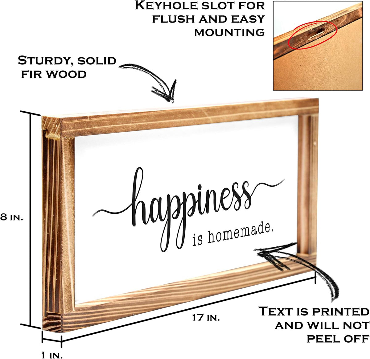 Happiness Is Homemade Kitchen Sign 8X17 Inch, Inspirational Farmhouse Decor | Easy Wall Mount Farmhouse Kitchen Decor, Solid Fir Wood, Housewarming Gift, Dining Space Wall Accent, Cozy Kitchen Decor