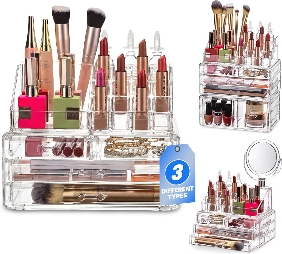 Clear Makeup Organizer with 4 Drawers 16 Compartments, Countertop | 16-Compartment Clear Acrylic Makeup Organizer, 4 Drawers, Cosmetic Jewelry Perfume Skincare Storage, Vanity Countertop