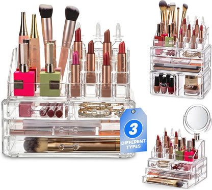 Clear Makeup Organizer with 4 Drawers 16 Compartments, Countertop | 16-Compartment Clear Acrylic Makeup Organizer, 4 Drawers, Cosmetic Jewelry Perfume Skincare Storage, Vanity Countertop