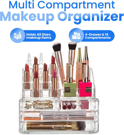 Clear Makeup Organizer with 4 Drawers 16 Compartments, Countertop | 16-Compartment Clear Acrylic Makeup Organizer, 4 Drawers, Cosmetic Jewelry Perfume Skincare Storage, Vanity Countertop