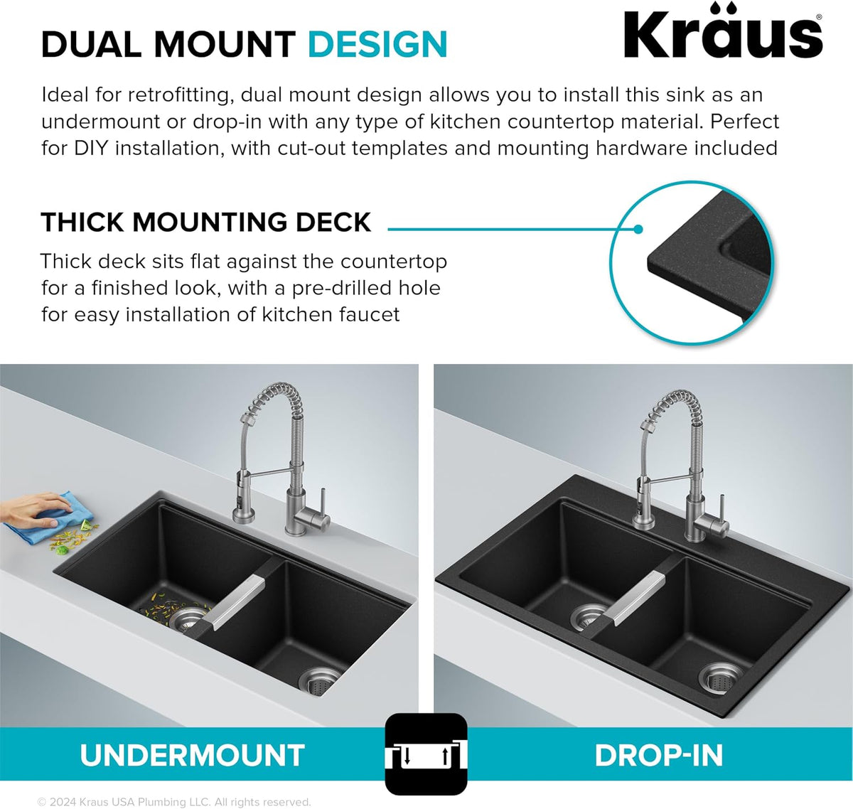 KRAUS Black Onyx 33 in Double Bowl Granite Kitchen Sink KGD-433B | Quartz Composite with Metallic Particles, Heat-Safe, Non-Porous Surface Resists Stains, 50/50 Double Bowl Split