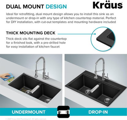 KRAUS Black Onyx 33 in Double Bowl Granite Kitchen Sink KGD-433B | Quartz Composite with Metallic Particles, Heat-Safe, Non-Porous Surface Resists Stains, 50/50 Double Bowl Split
