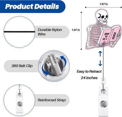 How to Be a Nurse Pink Skeleton Funny Retractable Badge Reel ID Holder | Acrylic Name Badge Clip for RN, LPN, CNA, MA, ER, ICU Staff, OB/GYN, Lab Tech, Pharmacy Tech, Nursing Student, Nurse Gifts