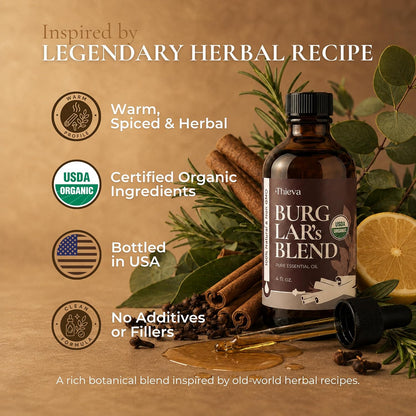 Burglar'S Blend Essential Oil, USDA Organic, 4 Oz | Pure Undiluted Clove, Cinnamon, Eucalyptus, Rosemary and Lemon Blend for DIY Cleaning, Diffusers and Seasonal Home Wellness