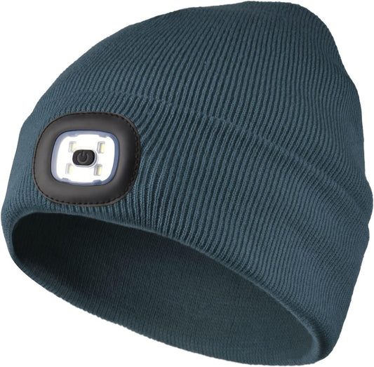 LED Lighted Beanie, Unisex Warm Knitted Hat, Rechargeable Headlamp Cap for Outdoors, Tech Gift for Men Dad Father Him Deep Teal