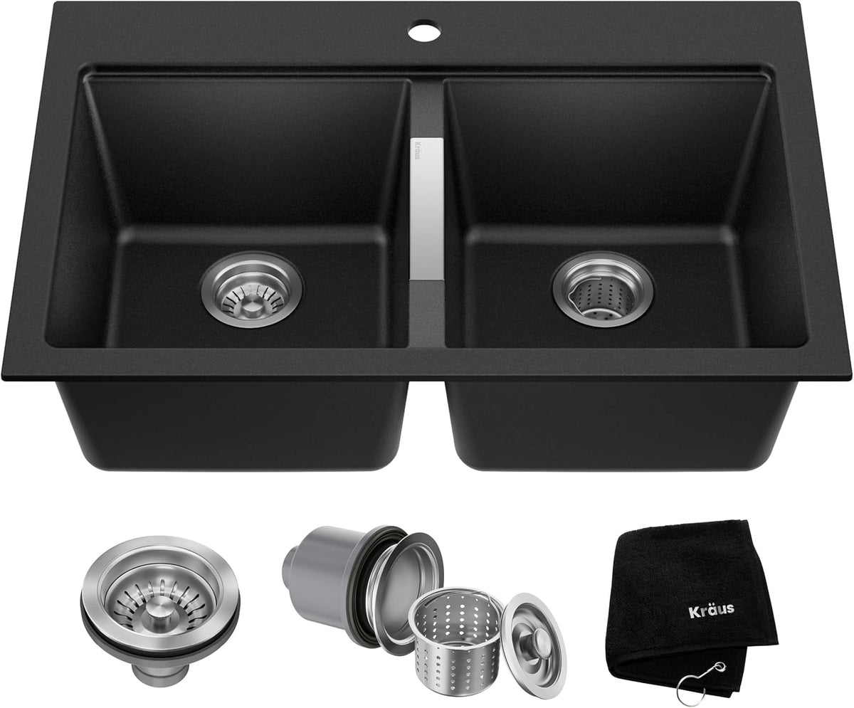 KRAUS Black Onyx 33 in Double Bowl Granite Kitchen Sink KGD-433B | Quartz Composite with Metallic Particles, Heat-Safe, Non-Porous Surface Resists Stains, 50/50 Double Bowl Split