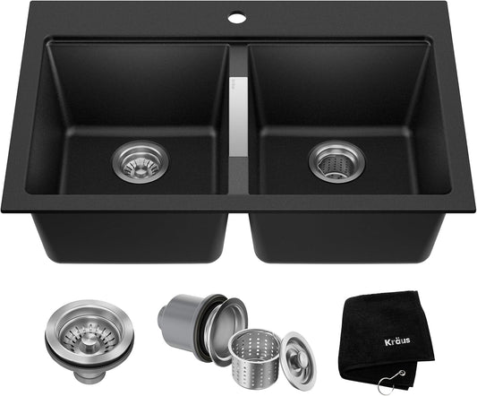 KRAUS Black Onyx 33 in Double Bowl Granite Kitchen Sink KGD-433B | Quartz Composite with Metallic Particles, Heat-Safe, Non-Porous Surface Resists Stains, 50/50 Double Bowl Split