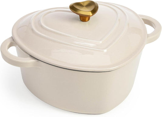 Enameled Cast Iron Dutch Oven Pot with Lid, Heart-Shaped Dutch Oven, Durable Cast Iron Pot with Dual Handles, Oven Safe to 500°F, Works on All Stovetops, 2-Quart, Cream