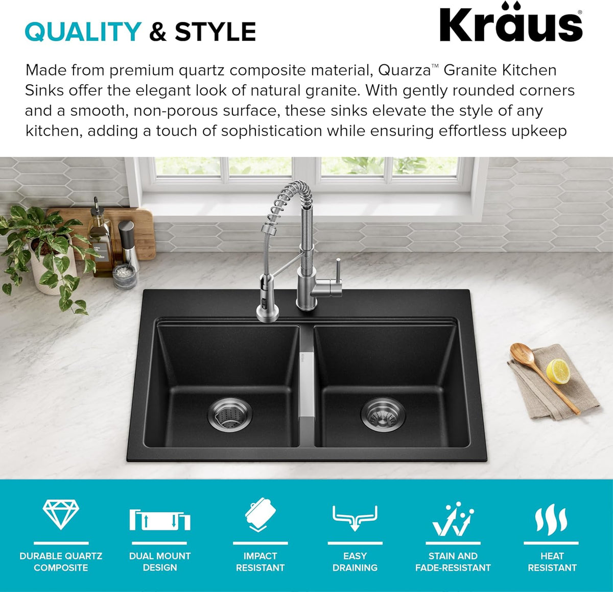 KRAUS Black Onyx 33 in Double Bowl Granite Kitchen Sink KGD-433B | Quartz Composite with Metallic Particles, Heat-Safe, Non-Porous Surface Resists Stains, 50/50 Double Bowl Split